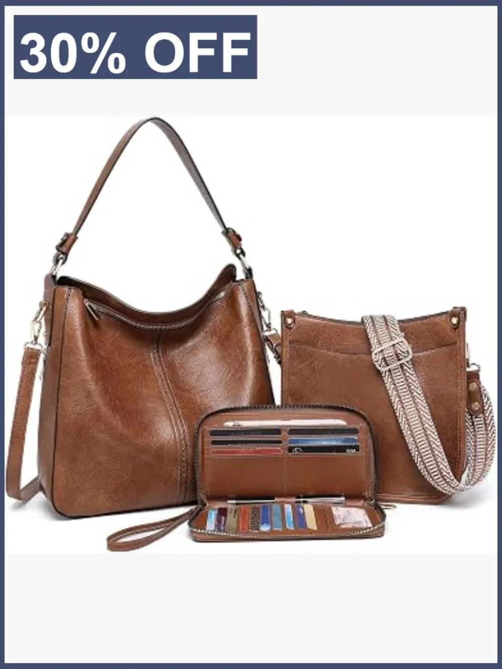 Vegan Leather Hobo Handbag Crossbody Set w/ Wallet, 3-Piece, Adjustable Straps